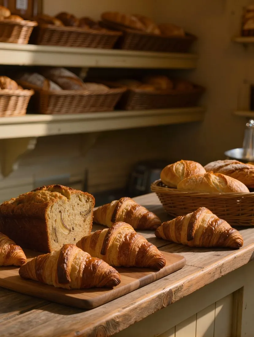 Fresh croissants and banana bread on the counter