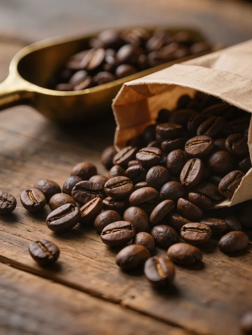 Roasted coffee beans spilling from a kraft paper bag