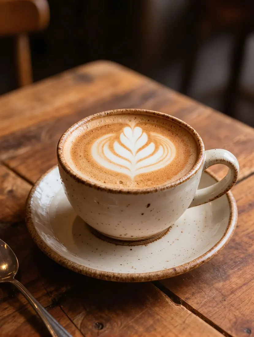 A flat white with leaf latte art on a timber table