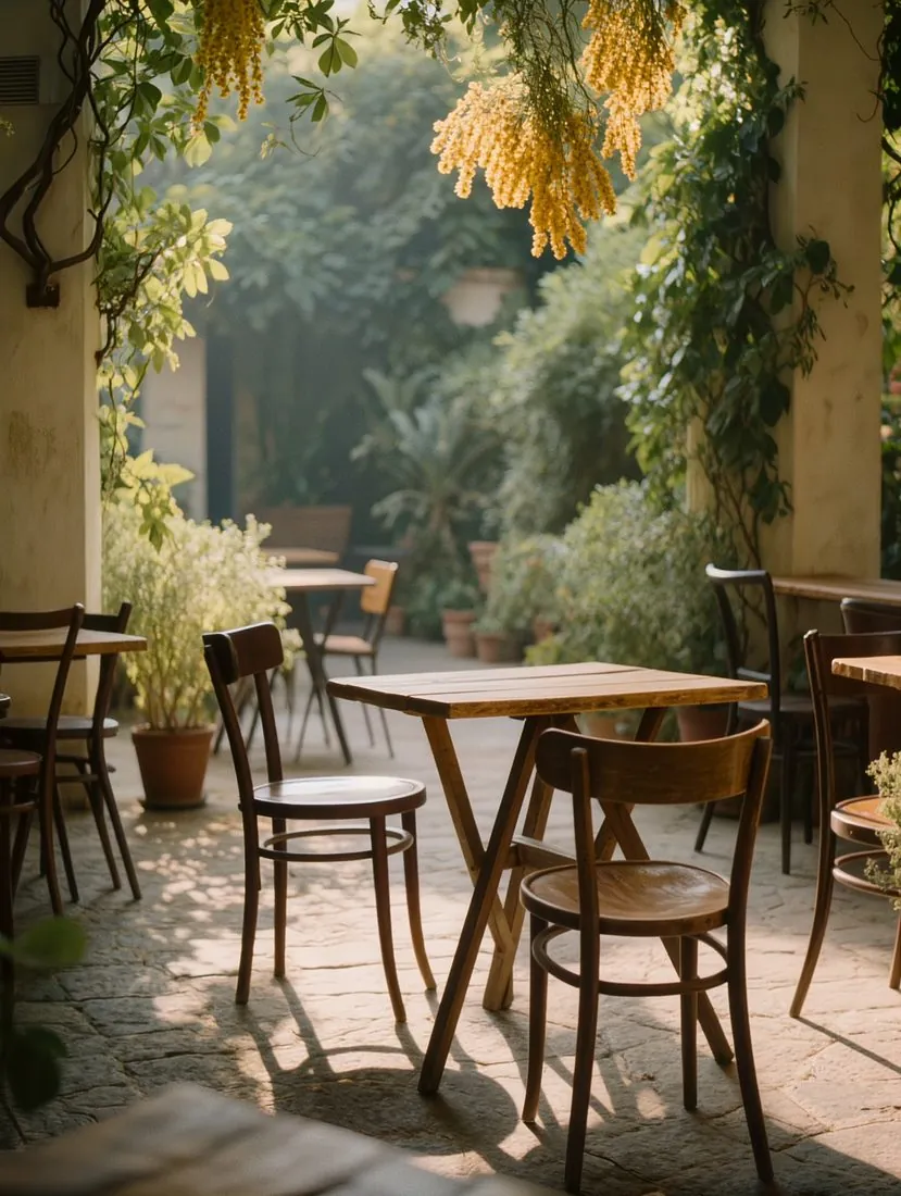 A leafy, sun-dappled cafe courtyard